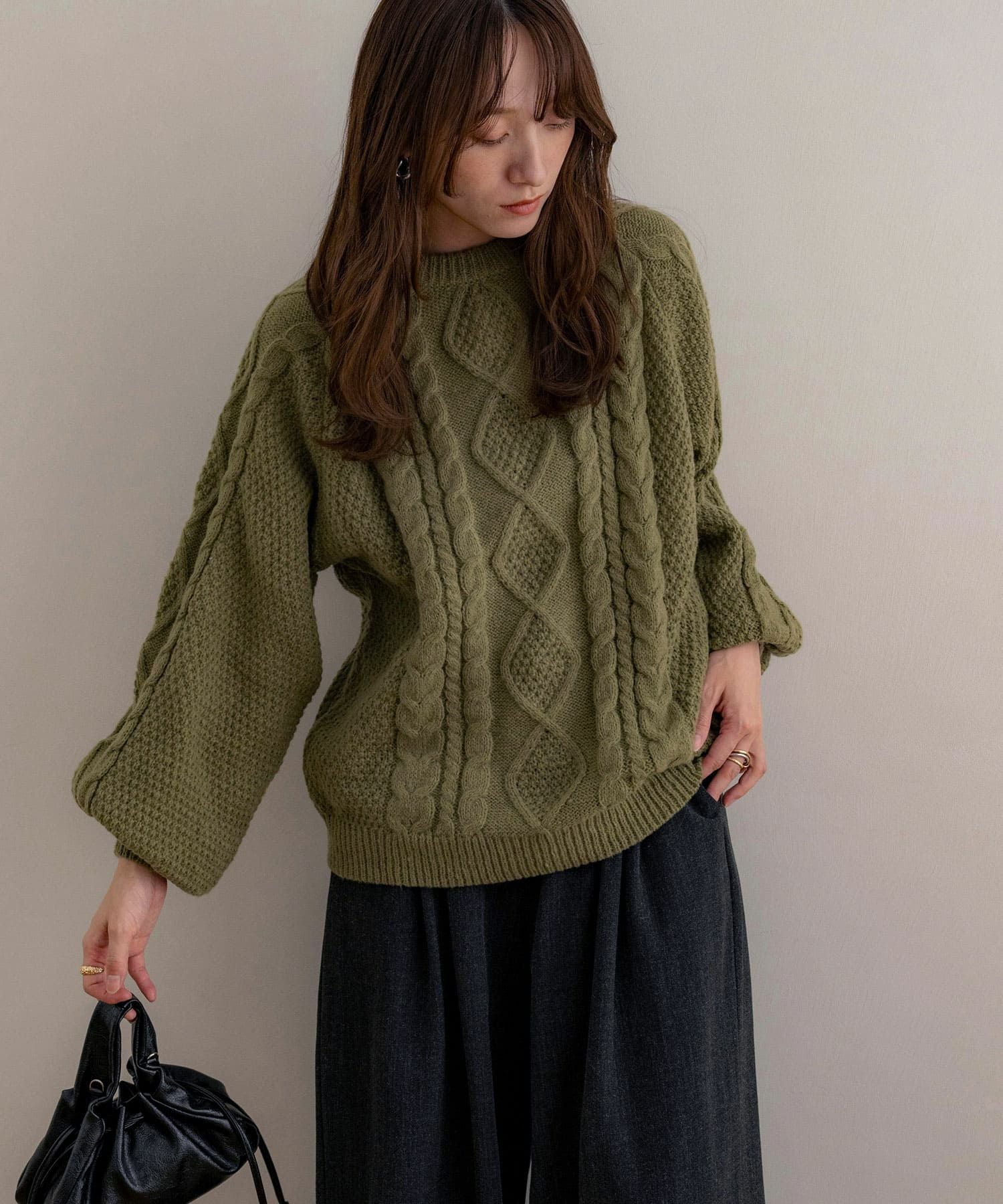 Rene ❁ パール付きケーブル編みKnit ノアール36 Rene ❁ パール付きケーブル編みKnit ノアール36 【公式通販】